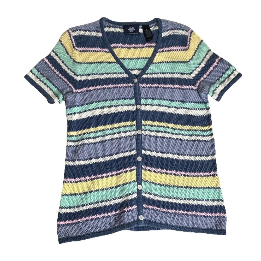 Vintage Crazy Horse Cardigan Women M Blue Pastel Striped Coastal Grandma 90s Y2K